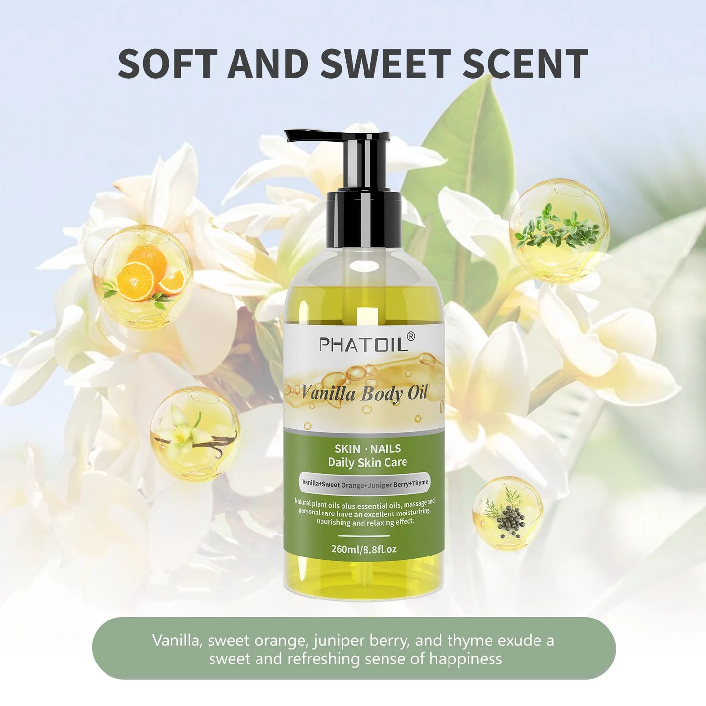 PHATOIL 260ML Vanilla Body Oil For Skin Face Care Massage Oil Repairing Smoothing Skin Care Ginger Grapefruit Essential Body Oil