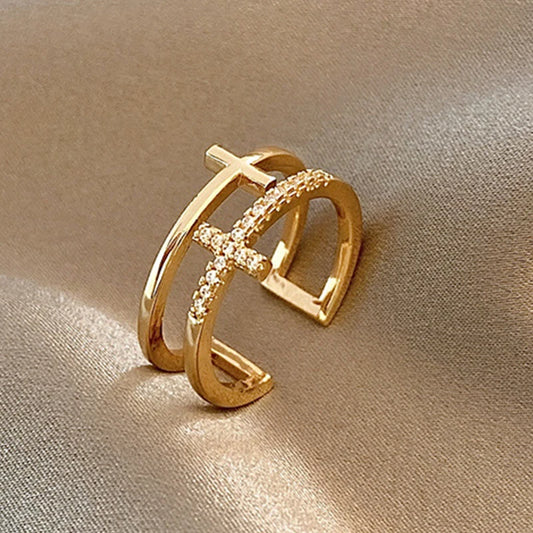 Trendy Gold Color Double Layer Cross Rings For Women Shiny Zircon Geometric Open Adjustable Finger Ring Party Wedding Jewelry