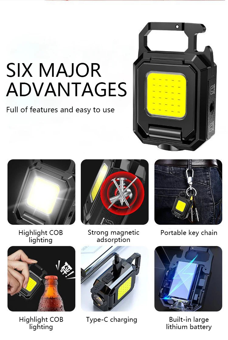 XPE Pocket Work Light 1000LM COB LED Mini Keychain Light USB Rechargeable Flashlight IPX4 Waterproof for Outdoor Camping Hiking