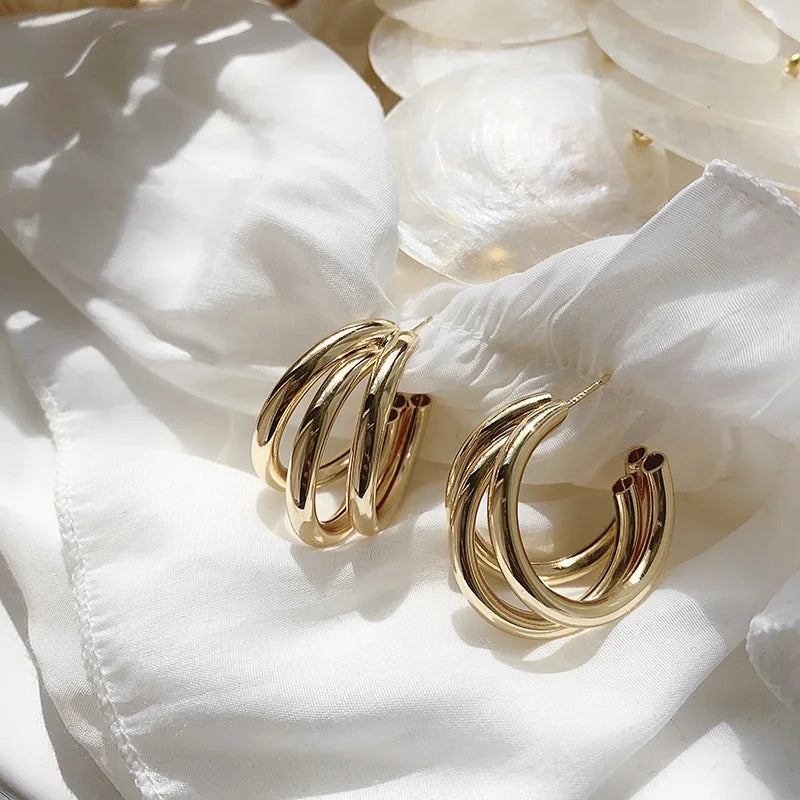 UILZ Gold Silver Color Hoop Earrings For Women Korean Fashion Three-layer Hoops Big Thick Round Earrings Piercing Jewelry Gifts