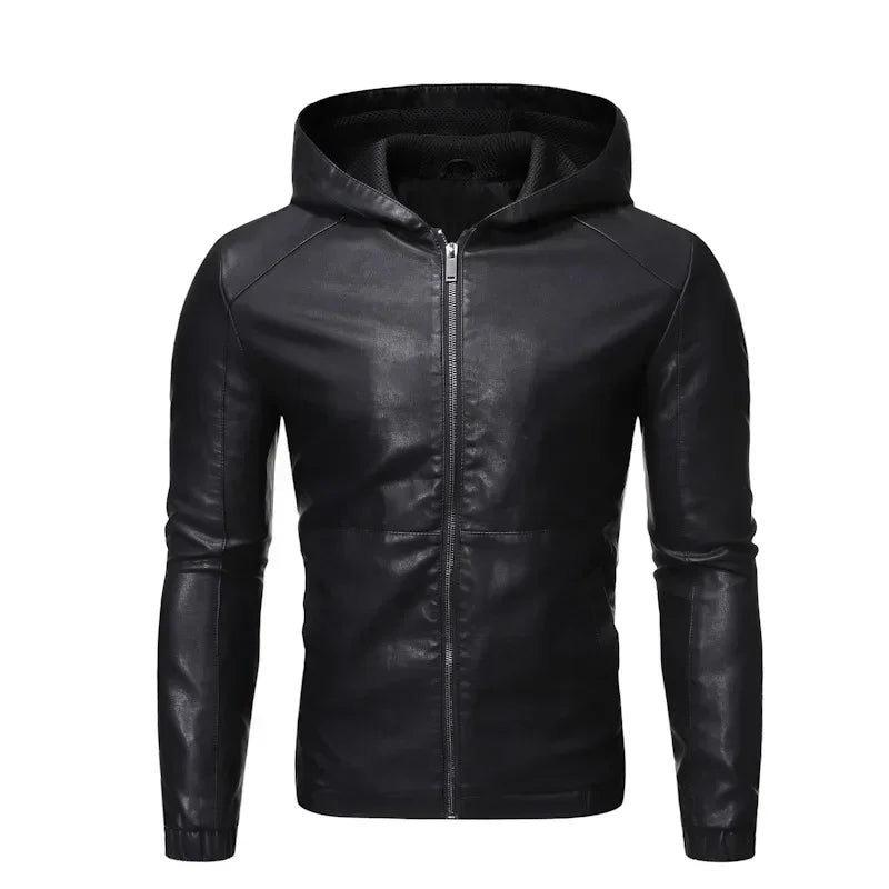 Autumn Winter Slim Fit Oversize Mens Hooded Motorcycle Leather Jacket Faux Leather Moto Biker Jacket Men Black PU Coat Male 3xl