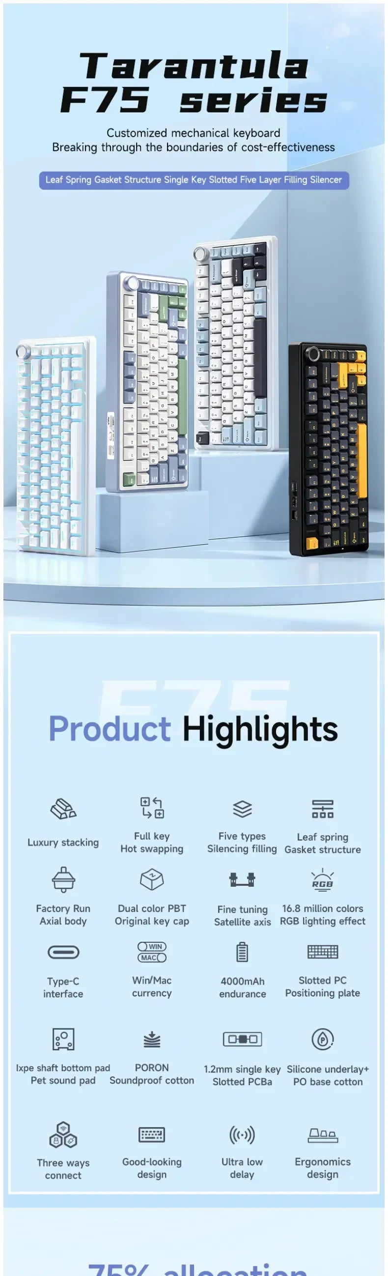 AULA F75 wireless Mechanical Keyboard,Gamer keyboard Customized Hot-Swap 75% Layout,OEM Profile Gasket Structure,Reaper Axis