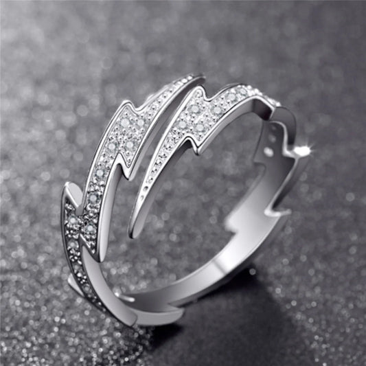 Punk Hip hop Silver Color Zircon Lightning Open Rings for Men Fashion Jewelry Gift Creative Adjustable Ring