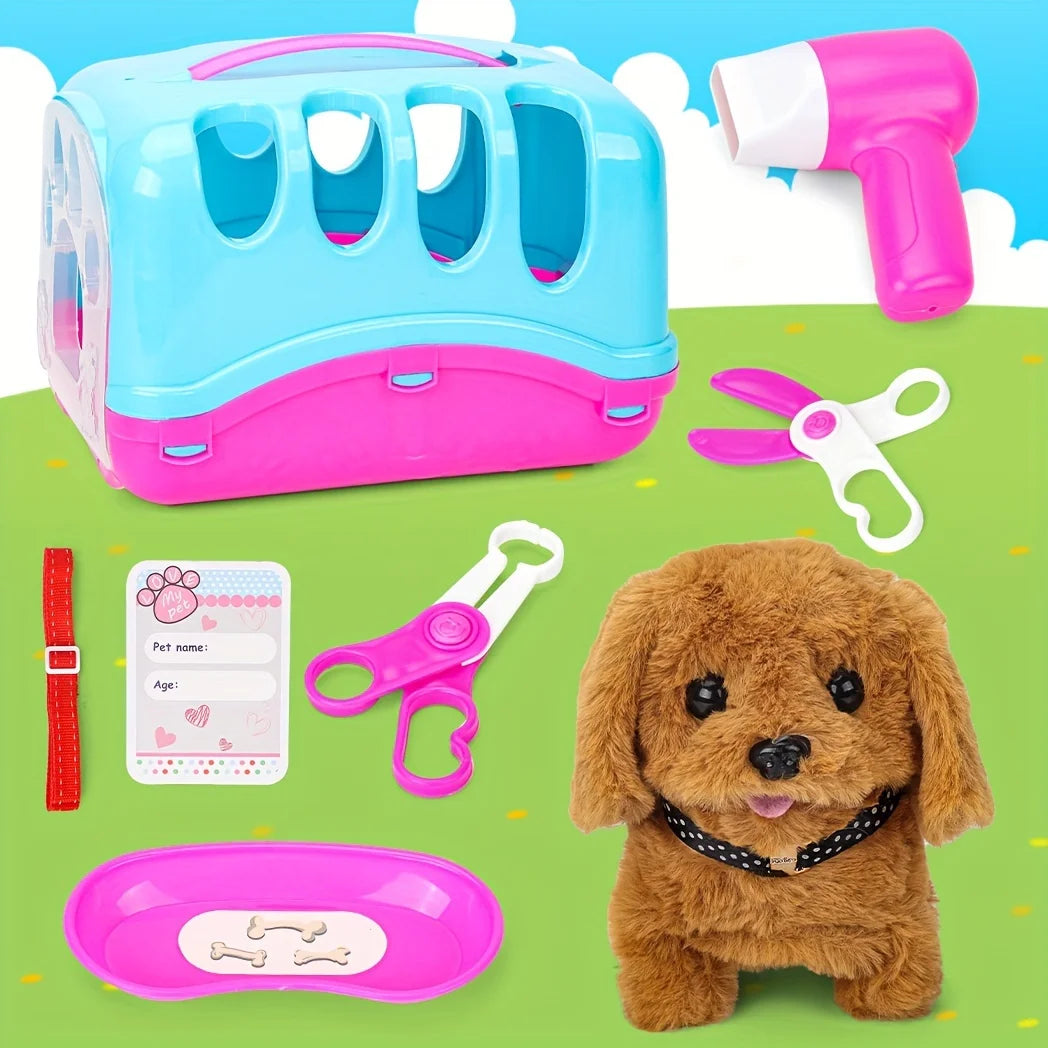 Pet Puppy Care Accessories with Dog  House -Simulated Brador Dog Call Plush Toy - Children Interactive Vet Clinic Doctor - Role