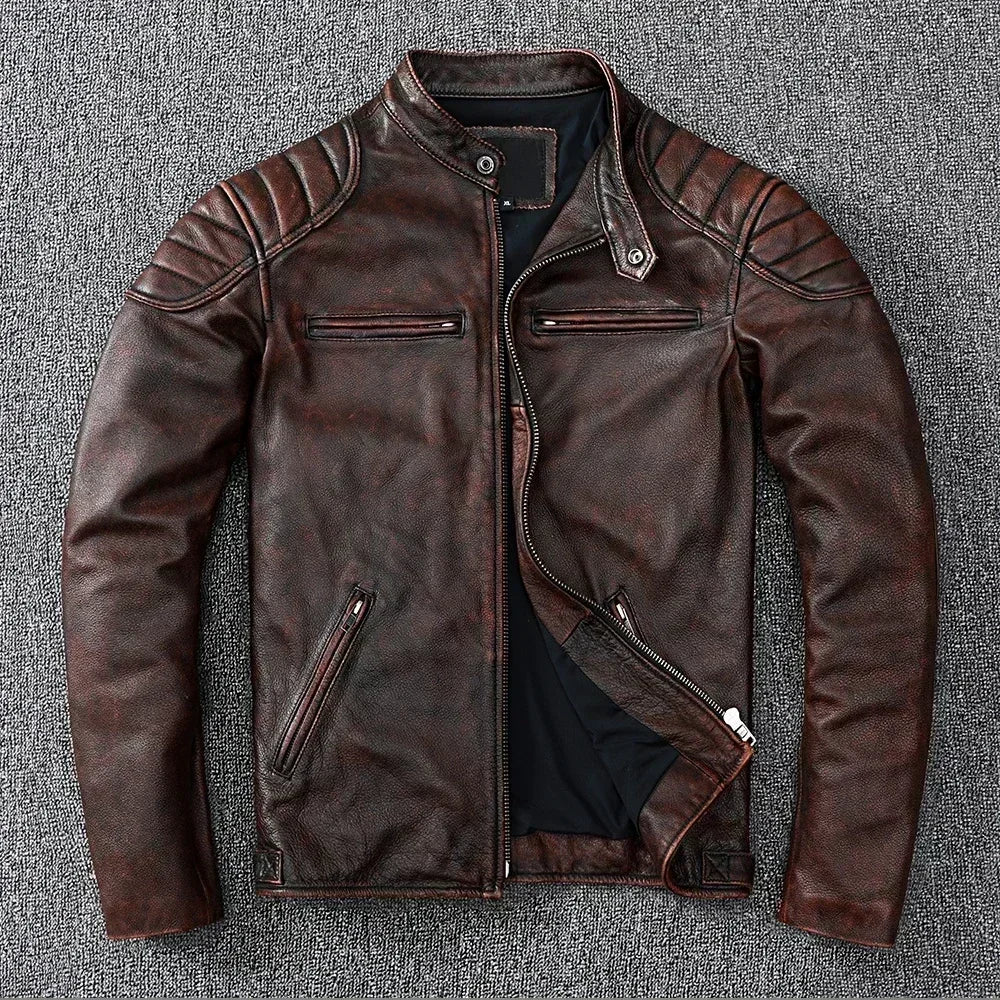 Vintage Black Brown Real Cowhide Genuine Leather Jacket Real Fur Men's Leather Jacket Bomber Men Leather Jacket Motorcycle Coat