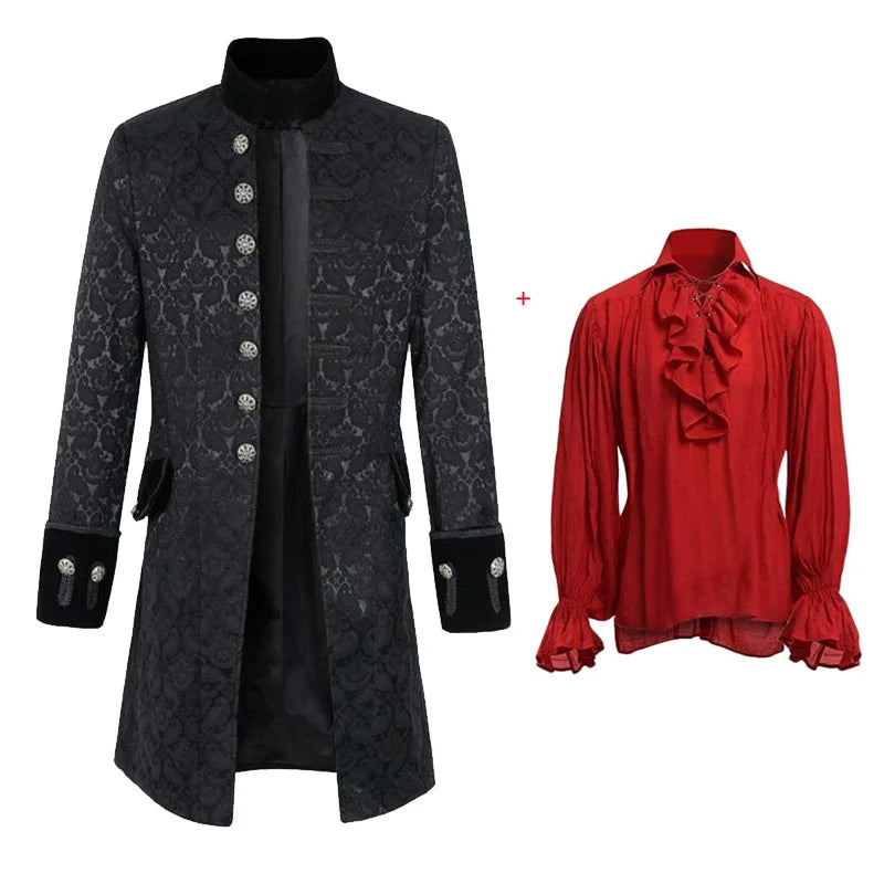 Medieval Vampire Cosplay Costume Steampunk Jacket Vest Coat Victorian Ghost Gothic Blazer Suits Stand Collar Trench Men's Shirt
