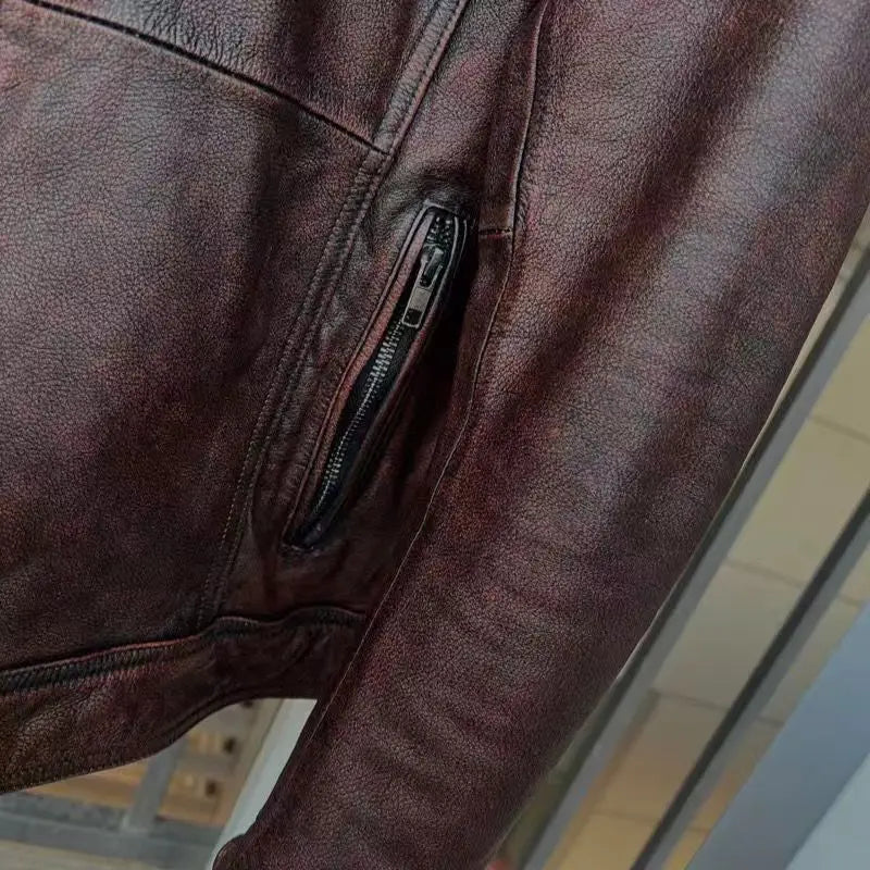 Vintage Black Brown Real Cowhide Genuine Leather Jacket Real Fur Men's Leather Jacket Bomber Men Leather Jacket Motorcycle Coat