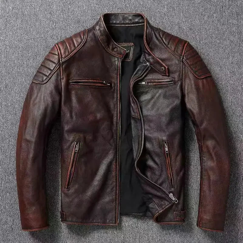 Vintage Black Brown Real Cowhide Genuine Leather Jacket Real Fur Men's Leather Jacket Bomber Men Leather Jacket Motorcycle Coat