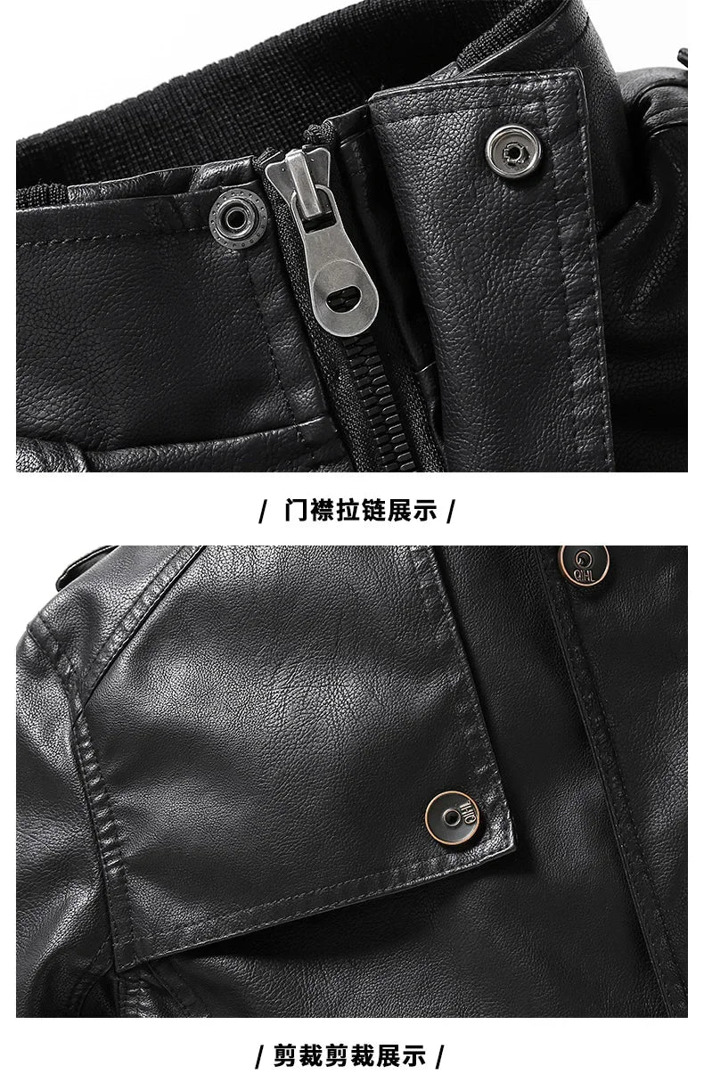 Men's Leather Jacket Autumn and Winter Windproof Standing Collar Motorcycle Tactical Warm Coat Casual Fashion Waterproof Jacket