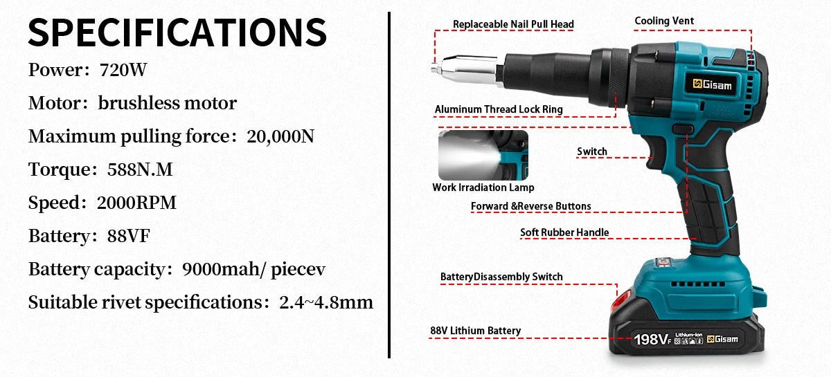 20000N Brushless Electric Rivet Gun 2.4~4.8mm Cordless Rivet Nut Gun Drill Insert Automatic Riveting Tool For Makita 18V Battery