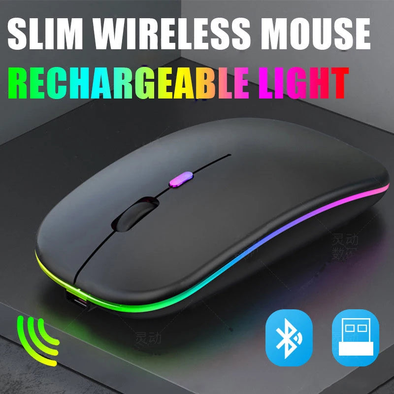 Wireless Mouse Bluetooth compatible 2.4GHz 1600DPI USB Rechargeable RGB Light Portable Mouse For Laptop Computer PC Macbook Game