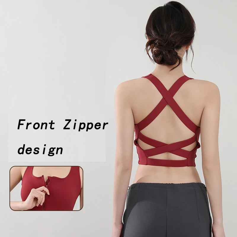 Women Fitness Underwear Yoga Bras cross Back Beauty Sports Bras Front Zippe Top Bra Sexy Breathable Underwear For Women Gym Top