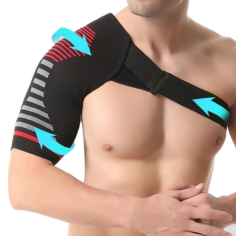 1pc Breathable Compression Shoulder Brace for Men & Women - Adjustable Shoulder Support Belt with Ergonomic Design, Moisture-Wicking Fabric & Red Accent Stripes - Ideal for Gym, Heavy Lifting, Home Office & Sports Injury Reco